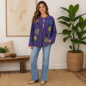 Vintage Alex Kin Purple Chenille Embroidered Floral Paisley Jacket Toggle Boho
